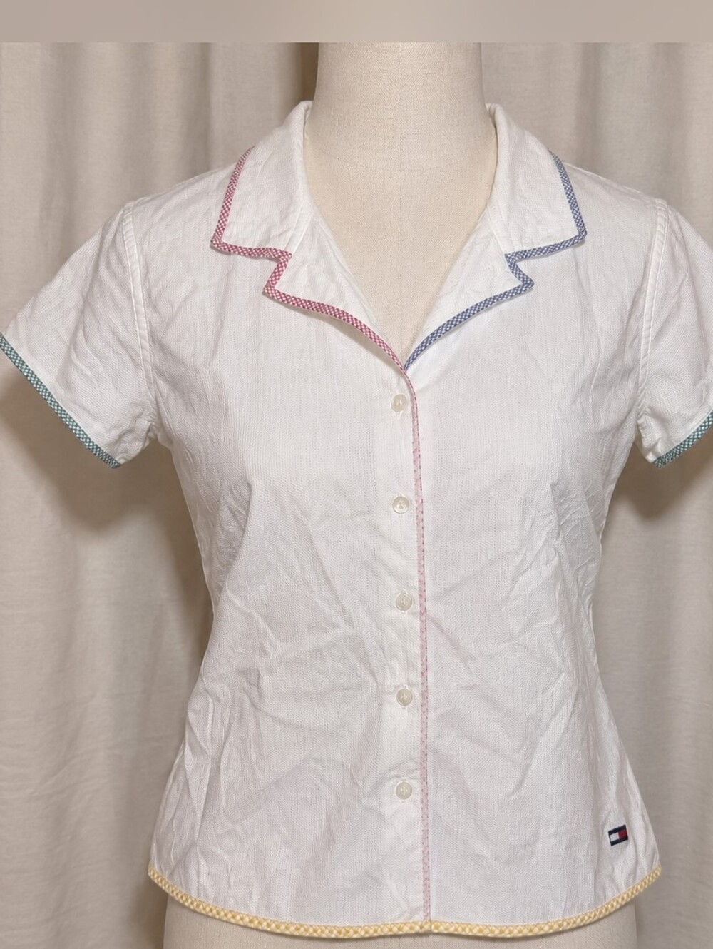 Tommy Hilfiger White Short-Sleeve Button-Down Shirt with Multicolor Trim